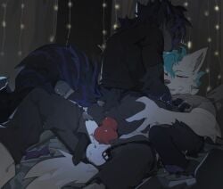 absurd_res anal anal_penetration anthro bed bedding bedroom blanket bodily_fluids butt butt_grab canid canine chest_grab clothed clothed_male clothed_sex clothing cowgirl_position delt.a duo from_front_position fur fur_markings furniture genitals hand_on_butt hi_res liam_(ogilvan) lights lube lube_container male male/male mammal markings on_bottom on_top on_top_of_another penetration penis prosthetic prosthetic_leg prosthetic_limb sex sweat tail vox_(wastelandcanid)