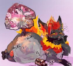 abdominal_bulge alcohol alcohol_bottle animal_genitalia animal_penis beverage beverage_bottle bodily_fluids bottle bubble canine_genitalia canine_penis container drunk drunk_bubble eeveelution flareon generation_1_pokemon genitals gurgle_(sound_effect) hi_res inside_stomach kregy lohvi_(lohviata) nintendo organs penis pokemon pokemon_(species) rumbling_stomach stomach stomach_acid substance_intoxication vore zanthu