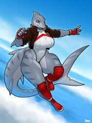 anthro blazbaros boots clothed fingerless_gloves flying monster_girl original_character shark_humanoid shark_tail sky sky_background superheroine watermark