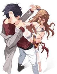 1boy 1girl barefoot black_hair blush breasts brown_hair circlet commentary couple detached_sleeves eiyuu_densetsu hakuleg harem_outfit hetero highres long_hair looking_at_another navel nipples rean_schwarzer see-through_clothes see-through_sleeves sen_no_kiseki_(series) sex small_breasts split standing standing_on_one_leg standing_sex standing_split toes towa_herschel vaginal