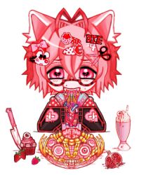 accessory alunka ambiguous_gender anime_style beverage blood bodily_fluids brain cannibalism cupcake eyeball eyewear fangs food fruit glasses gore guts hair hair_accessory hairclip hard_vore hi_res humanoid intestines knife milkshake organs pink_eyes pink_hair plant pomegranate scissors simple_background solo strawberry teeth vore white_background