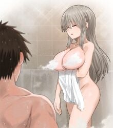 1boy 1girl bathroom breasts cleavage closed_eyes completely_nude convenient_censoring curvy gaston18 grey_hair highres large_breasts long_hair long_sidelocks mature_female mixed-sex_bathing nude sakurai_shin'ichi shared_bathing sidelocks steam steam_censor thighs uzaki-chan_wa_asobitai! uzaki_tsuki