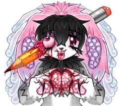 alunka ambiguous_gender anthro black_hair blood bodily_fluids canid canine canis domestic_dog eyeball eyelashes gore hair hi_res mammal pawpads pencil_(object) red_eyes simple_background solo teeth tongue tongue_out white_background
