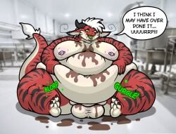 anthro areola balls barbell_piercing belly belly_squish big_belly big_butt black_ear_tips black_stripes butt candy chocolate dathgar dathy_(dathgar) dessert dialogue dipstick_ears dragon ear_markings ear_piercing ear_ring english_description english_text food fur genitals green_eyes green_mouth green_tongue gurgle_(sound_effect) hair hi_res horn humanoid_hands hybrid industrial_piercing kobold looking_down looking_down_at_self male mohawk moobs multicolored_ears mythological_creature mythological_scalie mythology navel navel_barbell navel_piercing nipple_barbell nipple_piercing nipples obese obese_anthro obese_male onomatopoeia open_mouth overweight overweight_anthro overweight_male piercing pink_areola pink_nipples red_body red_fur ring_piercing rumbling_stomach scalie sitting sitting_on_ground solo sound_effects speech_bubble squish stretch_marks striped_body striped_fur stripes tail tail_tuft talking_to_self tan_body tan_fur text thick_thighs tongue tuft white_hair white_tail_tuft