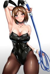 brown_eyes brown_hair bunny_ears bunnysuit female female_only king_of_fighters large_breasts looking_at_viewer smile snk thick_thighs thighs voluptuous whip whip_(kof) white_background