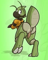 anthro anus biped butt butt_focus edgar_munroe erection feet femboy gay gay_anal gay_masturbation generation_1_pokemon genitals hi_res homosexual homosexual_male looking_at_viewer male male_focus male_only male_penetrated muzzle_(object) muzzled nintendo orange_straitjacket penis pokemon pokemon_(species) raised_tail restraints scyther simple_background solo straitjacket stripedcrocodile tail toes