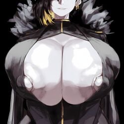1girls ai_generated areolae big_breasts binah binah_(project_moon) black_background black_hair breasts breasts_bigger_than_head cinderhee close-up coat earrings exposed_breasts female female_only focus_on_chest fur_collar garion garion_(lobotomy_corporation) grey_nipples grin hag huge_breasts large_areolae large_breasts lips lobotomy_corporation multicolored_hair nipple_bulge nipples pale-skinned_female pale_skin poking_out presenting pressing_breasts project_moon smile smiling solo solo_female tagme yellow_hair