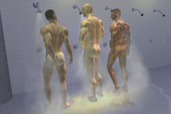archived_source shower gay yaoi original 3d artist_request ass 3boys light_skin dark_skin tan_skin tanline male bara male_only muscular