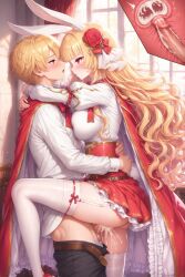 rabbithealer shadowverse skirt panties standing happy shirt thighhighs shoes pumps ai_generated upskirt white_panties sex cum cum_in_pussy from_side uterus
