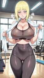 1girls adapted_costume after_exercise ai_generated alternate_costume big_breasts blonde_hair blunt_bangs blush bob_cut boruto:_naruto_next_generations bra breasts cowboy_shot female female_only flashing flashing_breasts gym gym_clothes gym_storeroom gym_uniform hourglass_figure huge_breasts human indoors leggings light-skinned_female light_skin mature mature_female milf narugirlshot naruto naruto:_the_last naruto_(series) naruto_shippuden no_panties pants pinup samui solo sports_bra sweat sweatdrop teasing tight_pants towel towel_around_neck underwear undressing voluptuous voluptuous_female walking walking_towards_viewer wide_hips workout_clothes