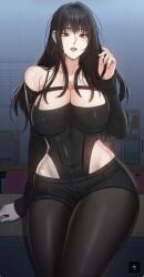 bare_midriff bare_shoulders black_dress black_hair black_outfit cleavage exposed_cleavage exposed_clothing exposed_skin hot_girl huge_breasts large_breasts lipstick long_black_hair long_hair nice_ass red_eyes thick_thighs webtoon