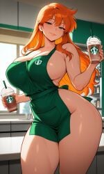 iced_latte_with_breast_milk_(meme) iced_latte_with_breast_milk kasumi_(pokemon) pokemon ai_generated misty_(pokemon) mermaid_misty_(pokemon) apron bare_shoulders clothing green_apron hadaka_apron wardrobe_malfunction areolae areola_slip blush breasts busty clavicle cleavage curvaceous female green_eyes huge_breasts large_breasts lips long_hair orange_hair sideboob thick_thighs thighs wide_hips smile standing holding holding_cup looking_at_viewer coffee_cup cup disposable_cup drinking_straw window coffee 1girl cafe female_only indoors solo