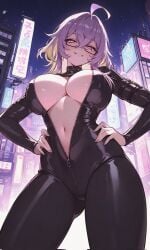 1girls ahoge ai_generated breasts breasts_apart city covered_nipples eye_contact eyewear fadia_(neverness_to_everness) hands_on_hips lavander_hair long_hair looking_at_viewer looking_over_eyewear medium_breasts midriff multicolored_hair navel neckline neverness_to_everness night nipples_visible_through_clothing pink_eyes purple_eyebrows purple_hair seductive_smile semi-rimless_eyewear smile solo standing unzipped unzipped_bodysuit yellow_hair zipper