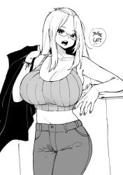 1girl absurdres bangs_pinned_back bare_arms bare_shoulders breasts cleavage collarbone cowboy_shot curvy denim english_text facing_viewer glasses greyscale highres inne_sulistya_robin jacket jeans large_breasts legs_together long_hair looking_at_viewer midriff monochrome norman_maggot original pants simple_background solo speech_bubble standing
