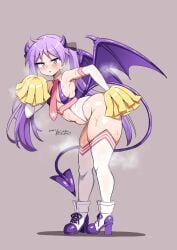1girl absurdres bare_shoulders blue_eyes blush boots bow bowtie breasts cheerleader clothing_cutout commentary_request cosplay crotch_cutout demon_girl demon_horns demon_tail demon_wings detached_sleeves grey_background highres hiiragi_kagami holding holding_pom_poms horns long_hair looking_at_viewer lu_ke_ge_ge lucky_star midriff multicolored_bow multicolored_bowtie navel necktie open_mouth pom_pom_(cheerleading) pom_poms purple_hair purple_wings red_necktie simple_background skindentation small_breasts solo stomach sweatdrop tail thick_thighs thighhighs thighs twintails very_long_hair white_thighhighs wings