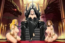killkong evil_smile royalty royal_slave queen defeated victorious_villain victory conquered 3girls ai_generated game_of_thrones a_song_of_ice_and_fire daenerys_targaryen cersei_lannister margaery_tyrell silver_hair purple_eyes blonde_hair green_eyes brown_hair blue_eyes slave slave_girl slave_collar slave_outfit enslaved_royal crying tears crying_with_eyes_open angry angry_face dialogue text english_text dragon clothing clothed nude nude_female humiliation public_nudity public public_humiliation forced_nudity light_skin light-skinned_female pale_skin pale-skinned_female female female_only female_focus big_breasts breasts nipples areolae