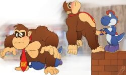 accessory anthro ape balls blue_yoshi blush clothing crouching digital_media_(artwork) donkey_kong donkey_kong_(character) donkey_kong_(series) duo erection feet fingers footwear fur genitals gorilla hand_on_penis haplorhine hi_res holding_penis humanoid_genitalia humanoid_penis illumination_entertainment likangel male male/male mammal mario_(series) mario_bros mostly_nude necktie necktie_only nintendo nude pecs penis primate shoes simple_background standing super_mario_bros._(2023_film) toes tongue tongue_out yoshi