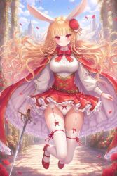 rabbithealer shadowverse skirt panties standing happy shirt thighhighs shoes pumps ai_generated jumping upskirt white_panties