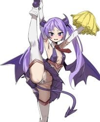 1girl armpits blush bow_(bhp) breasts cheerleader commentary_request demon_horns demon_tail demon_wings elbow_gloves gloves highres hiiragi_kagami holding holding_pom_poms horns long_hair looking_at_viewer lucky_star midriff miniskirt navel necktie official_alternate_costume open_mouth pleated_skirt pom_pom_(cheerleading) pom_poms purple_eyes purple_hair purple_horns purple_shoes purple_skirt purple_tail purple_wings red_necktie shoes simple_background skirt small_breasts solo split standing standing_on_one_leg standing_split tail thick_thighs thighhighs thighs thong tsurime twintails white_background white_gloves white_thighhighs wings
