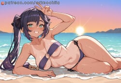 1girl breasts swimsuit tan bikini solo smile tanlines wet twintails mona_(genshin_impact) green_eyes long_hair v outdoors navel looking_at_viewer areola_slip on_side beach grin o-ring lying sunset water side-tie_bikini_bottom o-ring_bikini stomach thighs ocean blush black_hair purple_bikini medium_breasts gradient_sky collarbone alternate_costume bare_shoulders hair_ribbon ribbon purple_hair sky arm_up asymmetrical_bangs strapless sun teeth arm_support strapless_bikini large_breasts armpits one-piece_tan o-ring_top bikini_tan black_ribbon thigh_gap evening artmochiia ai_generated genshin_impact