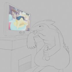 4chan_anon animal_genitalia animal_penis balls blush blush_lines butt electronics fangs featureless_crotch generation_2_pokemon generation_4_pokemon genitals hi_res lidded_eyes male masturbation nintendo penile penile_masturbation penis pokemon pokemon_(species) presenting presenting_hindquarters rotom solo teeth television tongue tongue_out typhlosion watching_television