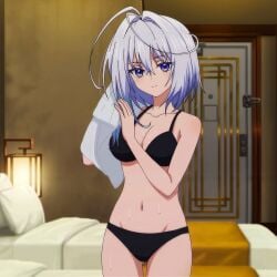 1girls bed bedroom big_breasts black_bra black_panties blue_eyes bra breasts busty cleavage drying drying_hair female female_only from_side highres large_breasts legs lilithea mata_korosarete_shimatta_nodesune_tantei-sama navel panties seductive seductive_look sensual sexy short_hair solo stitched thighs towel underwear wet