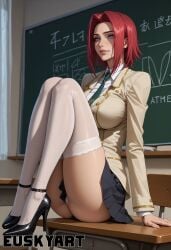 ai_generated euskyart kallen_stadtfeld code_geass tits boobs medium_breasts short_hair red_hair curvy blue_eyes school_uniform stockings white_stockings heels pantyshot panties ass butt skirt under_skirt