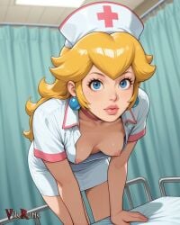 1girl ai_generated bent_over cowboy_shot downblouse hospital hospital_bed mario_(series) nintendo nipples nurse nurse_cap nurse_uniform open_dress princess_peach short_skirt small_breasts uniform vilerune white_dress