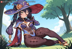 1girl witch_hat mona_(genshin_impact) hat breasts solo one_eye_closed twintails thighs outdoors thick_thighs gloves pantyhose leotard green_eyes black_gloves sky tree smile looking_at_viewer long_hair cape bodystocking high_heels sitting black_hair medium_breasts blue_leotard jewelry grass earrings blue_sky day cloud purple_headwear fur_collar blue_headwear full_body detached_sleeves black_pantyhose covered_navel hair_ornament star_earrings highleg hat_ornament purple_hair choker star_(symbol) blush blue_cape wide_hips highleg_leotard closed_mouth legs artmochiia ai_generated genshin_impact