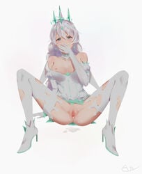 1girls anus benghuai_xueyuan blue_eyes breasts breasts_out crown cum cum_in_pussy cum_inside earrings exposed_breasts exposed_nipples exposed_pussy exposed_shoulders female female_focus female_only hand_over_mouth heels honkai_impact_3rd kiana_kaslana lan_(a1553274327) leaking_cum looking_at_viewer nipples no_bra nopan pussy simple_background stains tagme thighhighs torn_bodysuit torn_clothes twin_braids white_armwear white_hair white_legwear winter_princess