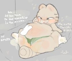 :3 bed belly belly_rub big_belly big_butt blush bodily_fluids boxer_briefs boxer_briefs_only boxers_(clothing) bubble butt cat_bed clothed clothing dialogue dirty dirty_clothing dirty_socks disembodied_hand domestic_cat emoticon felid feline felis footwear furniture garfield_(series) green_boxer_briefs green_clothing green_underwear grey_background hand_on_cheek heart_symbol hi_res iigomeow lying male mammal markings musk musk_cloud musky_butt navel nermal_(garfield) nipples on_back on_bed on_tail overweight pet_bed pubic_stubble semi-anthro shortstack shortstack_male simple_background smelly smile smug_face snot snot_bubble socks solo striped_markings striped_tail stripes sweat tail tail_markings topless underwear underwear_only