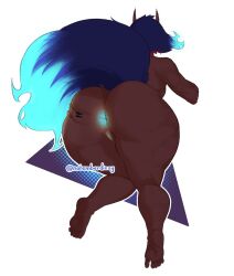 2_horns anus big_butt black_nails blue_anus blue_hair blue_inner_vulva blue_tail brown_body brown_skin butt colored_nails demon demon_humanoid feet female genitals glowing glowing_anus glowing_genitalia glowing_hair_tips glowing_tail_tip glowing_vulva hair hi_res horn humanoid markings nails notemberdizzy_(character) rear_view red_hair_tips sharp_nails short_hair signature simple_background solo spread_butt spreading straight_horn tail vulva white_background wizardo