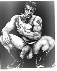 1985 1boy balls black_background boots chest_hair dated flaccid foreskin gay hairy male male_only monochrome nipples_visible_through_clothing original penis pubic_hair rex_(american_gay_artist) simple_background solo squatting tank_top tattoo traditional_media uncircumcised yaoi