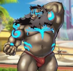 2026 alternate_species angry_texy anthro arm_markings bear black_mane blizzard_entertainment blue_eyes blue_markings blue_sky blurred_background brown_bear brown_body brown_fur bulge chest_markings clothing cloud day druid_mauga flexing flexing_bicep forearm_muscles fur glowing glowing_eyes glowing_markings grizzly_bear hi_res male mammal mane markings mauga musclegut muscular muscular_anthro muscular_male navel outside overwatch palm_tree pecs plant red_clothing red_thong red_underwear shoulder_markings sky solo thong tree underwear ursine