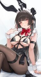 chisa_(wuthering_waves) wuthering_waves black_hair long_hair red_eyes_female red_eyes birkai bunny_ears bunnysuit black_bunnysuit black_bunny_ears pantyhose brown_pantyhose breasts exposed_breasts medium_breasts 1girls female sitting sitting_on_ground