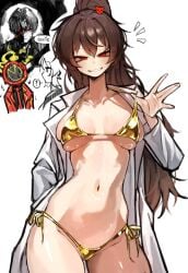 2boys 2boys2girls 2girls 2girls2boys belly belly_button big_breasts breasts brown_hair carmen_(lobotomy_corporation) child_bearing_hips coat coat_only collarbone dante_(limbus_company) faust_(limbus_company) female female_focus golden_bikini golden_week labcoat limbus_company lobotomy_corporation long_hair looking_at_viewer male male/female medium_breasts micro_bikini project_moon red_eyes sexy_female shigezie shiny_skin smile smiling smiling_at_viewer smooth_skin solo_focus stomach string_bikini string_bikini_bottom string_panties sweat sweatdrop sweating sweaty sweaty_body sweaty_breasts tagme thick thick_hips thick_legs thick_thighs thighs vergilius_(limbus_company)