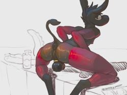 7b7a2f absurd_res anthro anus armwear asinus backsack ball_ring balls brown_body brown_fur butt chastity_cage chastity_device clothing dildo donkey elbow_gloves equid equine femboy fur genitals gloves handwear hi_res leg_warmers legwear long_ears looking_at_viewer looking_back looking_back_at_viewer lube_bottle male mammal presenting presenting_hindquarters puffy_anus sex_toy slim_anthro slim_male solo tail tail_tuft tuft