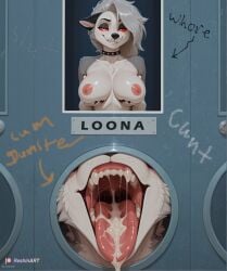 after_fellatio ai_generated breast_lift cum cum_in_mouth glory_hole graffiti large_breasts loona loona_(helluva_boss) naked nipples nsfw reshinart