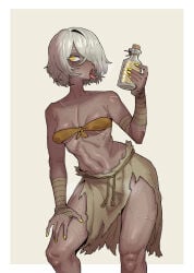1girl absurdres bandaged_arm bandages bent_over blush body_freckles bottle breasts chest_freckles chinese_commentary collarbone commentary_request cork corked_bottle cum cum_in_container dark-skinned_female dark_skin ebonyxh eyes_visible_through_hair eylin_eyla_(ebonyxh) female_pubic_hair freckles hair_over_one_eye hand_on_own_thigh highres holding holding_bottle looking_at_viewer open_mouth original pointy_breasts pubic_hair ringed_eyes rope_belt scar scar_on_arm scar_on_cheek scar_on_chest scar_on_face scar_on_leg scar_on_neck scar_on_shoulder scar_on_stomach scar_on_thigh sexually_suggestive short_hair simple_background small_breasts solo steaming_body sweat tongue tongue_out very_sweaty white_background white_hair white_pubic_hair yellow_background yellow_eyes yellow_nails