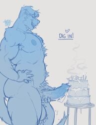 absurd_res anthro armpit_hair balls big_balls big_butt big_penis birthday birthday_cake bodily_fluids body_hair butt cake canid canine chest_hair cum cumshot dessert dialogue ejaculation food genital_fluids genitals hair hi_res hybrid male mammal muscular muscular_anthro muscular_male mustelid otter penis pubes smile thendy_(thendyart) thendyart thick_thighs tongue tongue_out