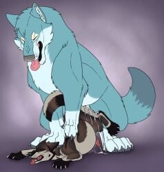 anal_orgasm animal_genitalia animal_penis black_pawpads blue_body blue_fur blue_tail bodily_fluids brown_body brown_fur brown_tail canid canine canine_genitalia canine_penis cheek_tuft claws cum cum_inflation cum_inside cum_on_ground cum_on_leg cumshot dipstick_tail duo ears_back ejaculation eyes_closed facial_tuft fangs feral feral_on_feral feral_penetrated feral_penetrating feral_penetrating_feral from_behind_position fur genital_fluids genitals grey_body grey_claws grey_fur grey_pawpads grey_tail hands-free head_tuft hi_res inflation killthe_demon lying male male/male male_feral male_penetrated male_penetrating male_penetrating_male mammal markings multicolored_body multicolored_fur narrowed_eyes nude on_front open_mouth orgasm pawpads penetration penis pink_tongue pivoted_ears purple_sclera red_penis sex simple_background tail tail_markings teeth tongue tongue_out tuft white_claws yellow_eyes
