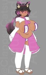 1girls solo solo_female celestial_moona borrowed_character original original_character clappsucatsu bbw chubby_female dark-skinned_female miko shrine_maiden horns halo cat_ears catgirl cat_girl cat_tail large_breasts large_areolae talisman_pasties pasties maebari pussy_sticker talisman_on_pussy thighhighs detached_sleeves glasses venus_body