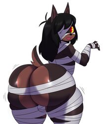 2019 anthro ass ass_cleavage balls big_ass big_thighs black_hair black_nose bulge butt_crack canid canine canis clothing costume doberman dobermann dog domestic_dog femboy girly halloween halloween_costume highres holidays huge_ass looking_at_viewer lucas_(sssonic2) male mammal mummy mummy_costume open_mouth pinscher prick_ears red_eyes simple_background solo sssonic2 teapot_(body_type) thick_thighs wide_hips yellow_sclera