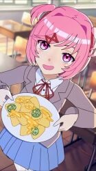 1other amplected animated audible_speech blue_shirt blue_skirt blush breasts cheese chili_pepper classroom ddlc doki_doki_literature_club doki_doki_literature_club_school_uniform eating english_audio female food hair_ornament hairclip highres indoors jalapeno_pepper nachos natsuki_(doki_doki_literature_club) pink_eyes pink_hair questionable questionable_consent ranguage school_uniform serenity_forge sfw sfw_version shirt short_hair skirt small_breasts sound squirting_liquid tagme team_salvato twintails video x_hair_ornament