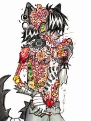 alunka ambiguous_gender anthro arthropod bandaged_hand black_hair blood bodily_fluids bone bracelet brain collar fur gore green_eyes hair heart_symbol hi_res insect jewelry larva maggot mammal organs rotting skinned snout solo spiked_bracelet spikes surgical_suture whiskers