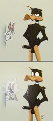 absurd_res anatid anseriform anthro arm_tuft avian balls beak birbdrain bird black_body blush buckteeth bugs_bunny camera caught caught_on_camera cheek_tuft chest_tuft comic daffy_duck digital_drawing_(artwork) digital_media_(artwork) duck elbow_tuft erection facial_tuft foreskin genitals grey_body hands_on_hips hi_res lagomorph leporid looking_around_corner looking_at_another looney_tunes male mammal nude nude_anthro nude_male penis rabbit rabbit_ears shoulder_tuft simple_background solo standing taking_picture teeth tuft warner_brothers white_chest