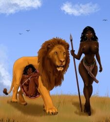 africa african belly big_belly big_breasts black_hair bottomwear breasts clothing dark_body dark_skin felid female female_prey feral feral_pred group hair hi_res human human_prey internal lion loincloth male male_pred mammal mane melee_weapon nalzindar organs pantherine polearm same_size_vore spear stomach story story_in_description trio vore weapon x-ray_(disambiguation)