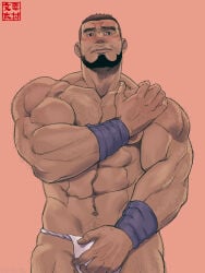 1boy abs arm_hair artist_name artist_request artist_signature bara beard beefy biceps big_areola black_eyes black_hair blush bracelet breasts broad_shoulders chest_hair collarbone daddy dilf frown fundoshi fundoshi_only gay hairy hand_on_crotch hand_on_leg hand_on_shoulder happy_trail hi_res hunk inviting japanese_clothes leg_hair looking_at_viewer male male_only manly mature_male muscles muscular muscular_arms muscular_male muscular_neck mustache_stubble navel orange_background original original_character pecs pubic_hair_peek quadriceps rokushaku_fundoshi seductive shadow short_hair sideburns simple_background six_pack small_eyes solo standing thick thick_arms thick_eyebrows topless tough_guy triceps very_high_resolution white_fundoshi yaoi