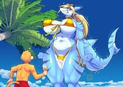 anthro aquatic big_breasts bikini biped blonde_hair blue_body blush breasts butter_sugoi camel_toe clitoris_outline clothed clothing dessert duo eyewear eyewear_on_head female fish food golden_week hair haplorhine hi_res ice_cream larger_female male mammal monkey navel primate red_clothing shark shark_tail side-tie_bikini size_difference smaller_male string_bikini sunglasses sunglasses_on_head swimwear thick_thighs topless two-piece_swimsuit wearing_sunglasses wide_hips