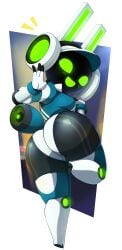 redaix tempo_(project_turboblast) project_turboblast tagme robot robot_girl robot_humanoid bunny_ears bunny_tail screen_face green_eyes glowing_eyes back_view viewed_from_behind looking_at_viewer looking_back smile blush headgear bodysuit tight_clothing breasts slim_waist wide_hips thick_thighs stockings ass ass_focus waving